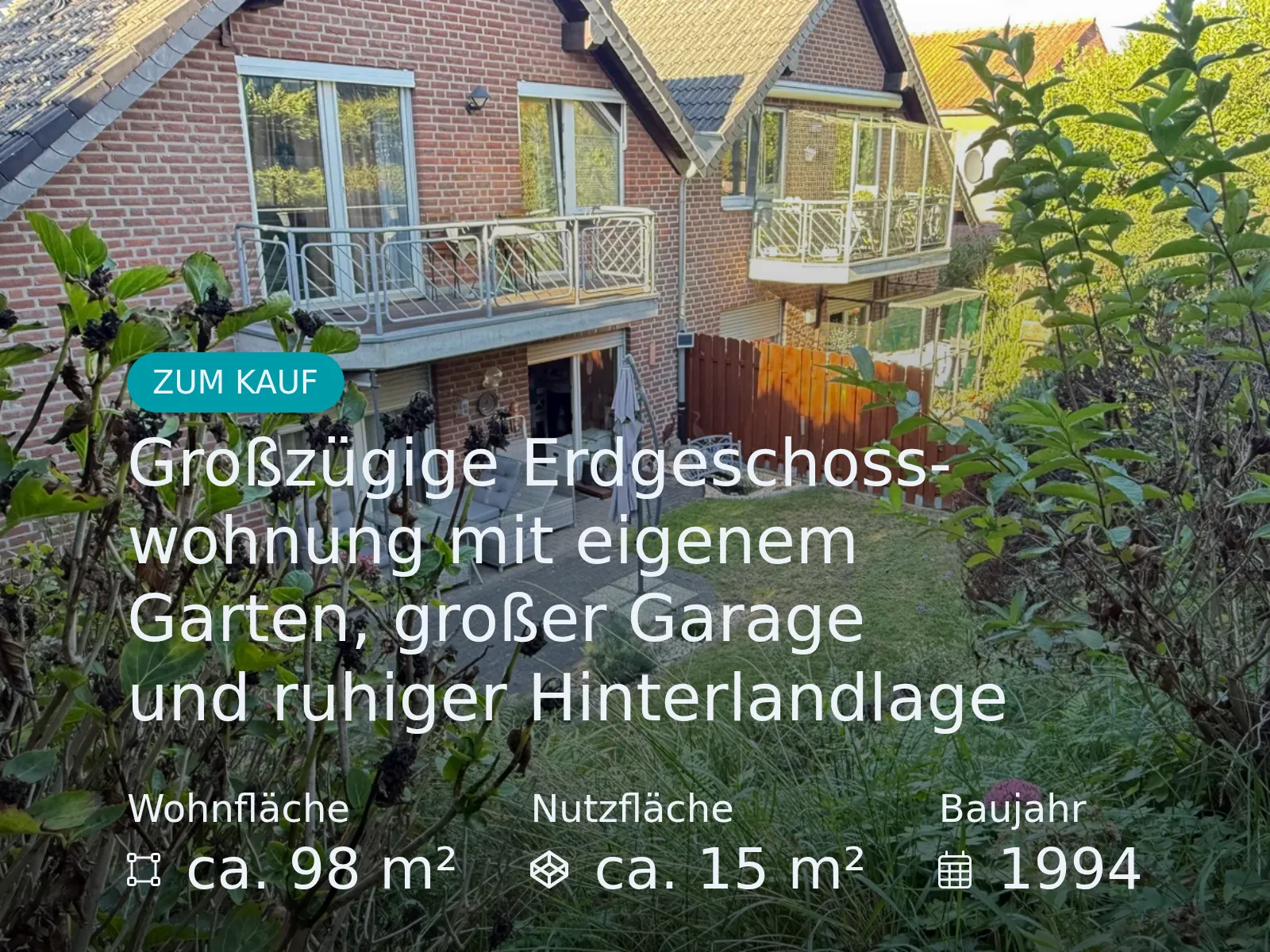 Neu im Angebot: Großzügige Erdgeschosswohnung mit eigenem Garten, großer Garage und ruhiger Hinterlandlage